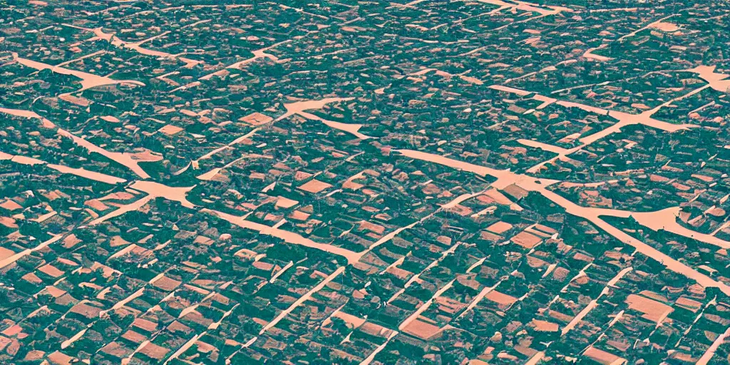 Prompt: endless suburbs, film still from the truman show, aerial isometric