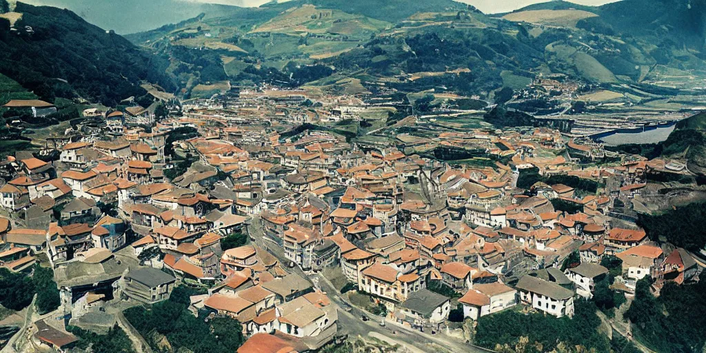 Prompt: aerial view of the village of zumaia in the basque country, 1 9 7 8, kodachrome