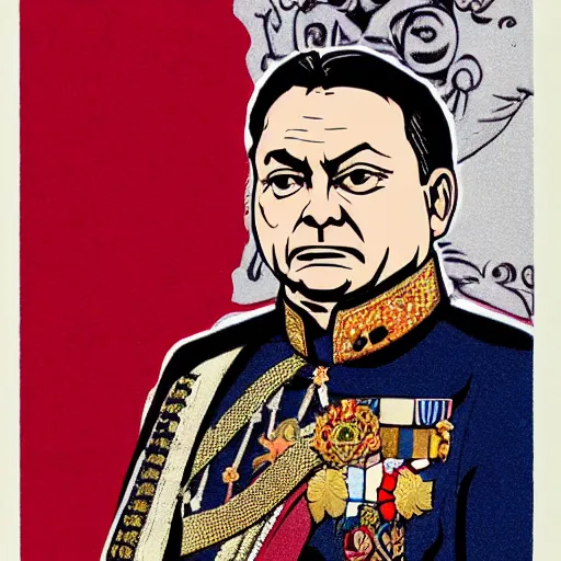 Image similar to id photo of a viktor orban in emperor outfit, art by osamu kitamura