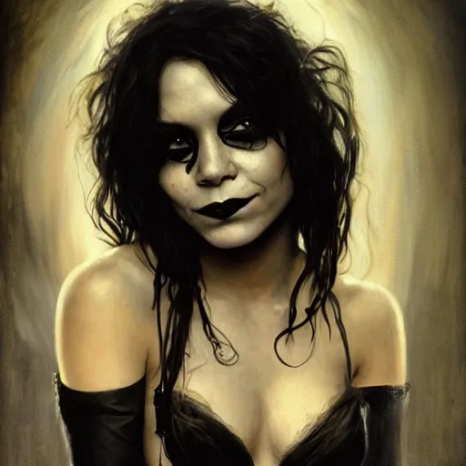 Image similar to beautiful portrait of vanessa hudgens as death from sandman, smiling, by cedric peyravernay, alphonse mucha, by jeremy mann, by lecouffe deharme, goth chic, soft lightning, eyeliner, punk rock, high detailed, 8 k