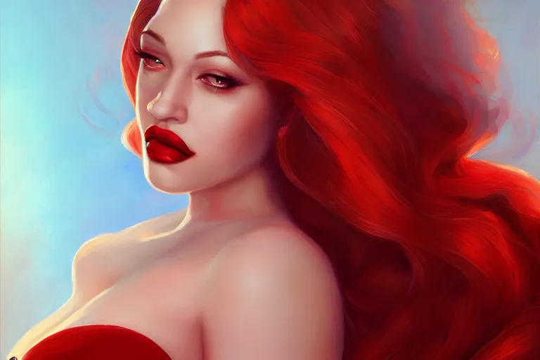 Prompt: Kat Dennings as Jessica Rabbit by Mandy Jurgens and Artgerm and william-adolphe bouguerea, highly detailed, trending on artstation, award winning, H 768