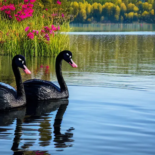 Image similar to photo of two black swans swimming in a beautiful reflective mountain lake, touching heads, forming a heart with their necks, a colorful hot air balloon is flying above the swans, hot air balloon, intricate, 8k highly professionally detailed, HDR, CGsociety