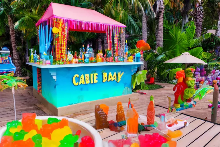 Image similar to poolside Tiki bar made of gummy candy, vacation photo, 55mm