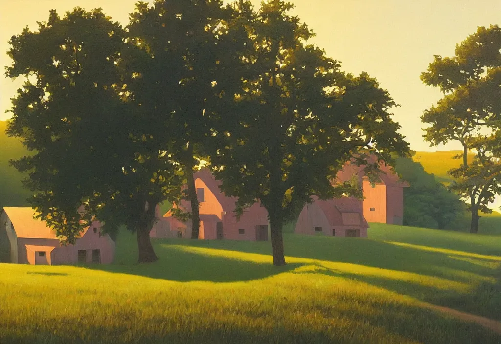 Prompt: a landscape painting of an old farm house in the countryside, summer, painting by kenton nelson, early morning light