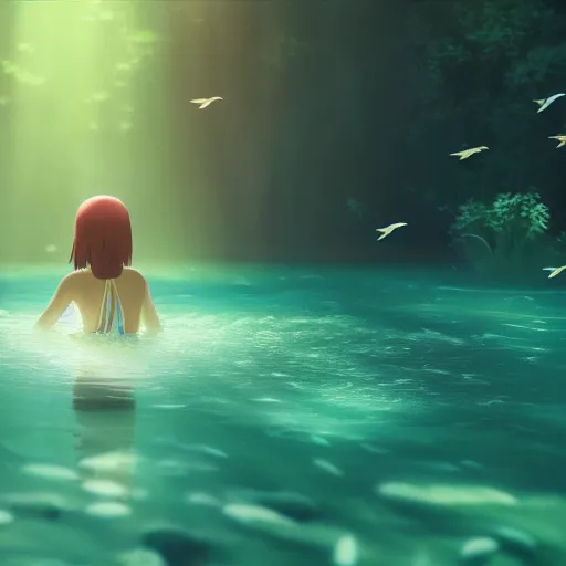 Image similar to young girl swimming in underwater forest with birds, light rays through water, sharp focus, Miyazaki, Makoto Shinkai, Highly Detailed, Cinematic Lighting, 8k, HD