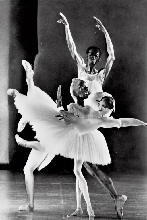 Image similar to black thin man wearing a pink tutu and dying in swan lake ballet on stage