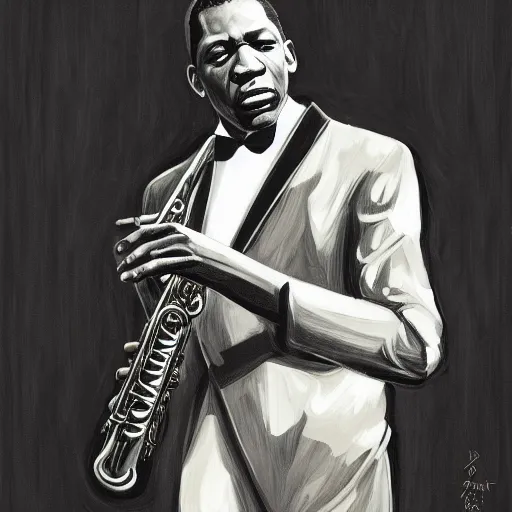 Prompt: full body image of jazz player john coltrane as a severe tall giant playing at a dark black jazz cafe in paris 1 9 5 6, intricate, elegant, highly detailed, digital painting, artstation, concept art, smooth, sharp focus, illustration, modern art museum