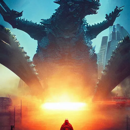 Image similar to pacific rim, godzilla ( 2 0 1 4 ), flares, halo, by simon stalenhag