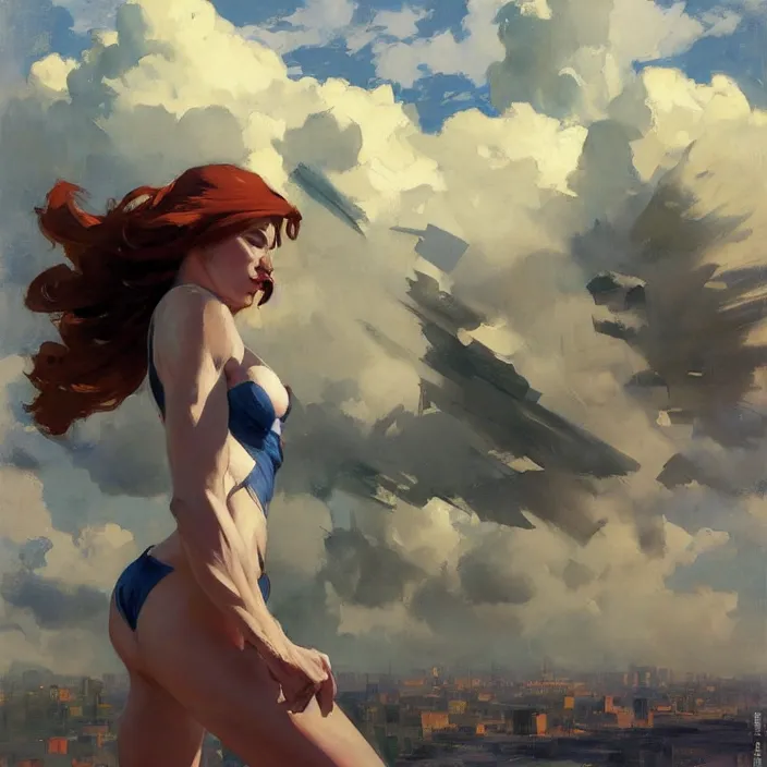 Image similar to greg manchess painting of giganta, cityscape, calm, fantasy character portrait, dynamic pose, above view, thunder clouds in the sky, artwork by jeremy lipkin and giuseppe dangelico pino and michael garmash and rob rey and greg manchess and huang guangjian and makoto shinkai, very coherent artwork, sharp edges, perfect face, simple form, 1 0 0 mm