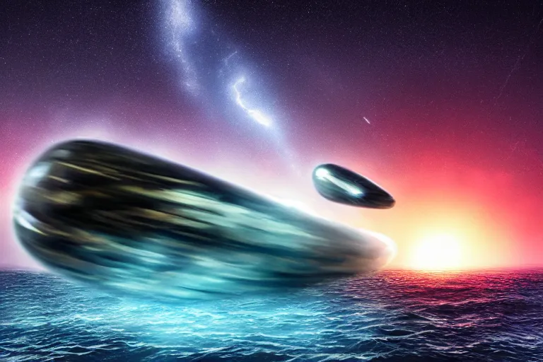 Image similar to enormous spaceship crashing into the sea at night