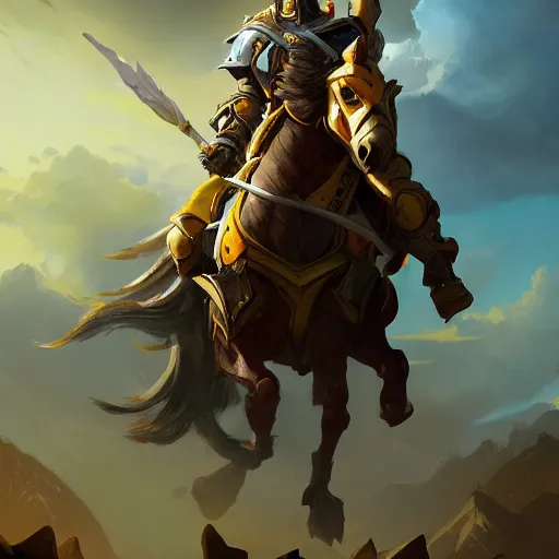 Prompt: a knight riding a horse, yellow theme, bright art masterpiece artstation. 8 k, sharp high quality artwork in style of jose daniel cabrera pena and greg rutkowski, concept art by tooth wu, blizzard warcraft artwork, hearthstone card game artwork, horse rider