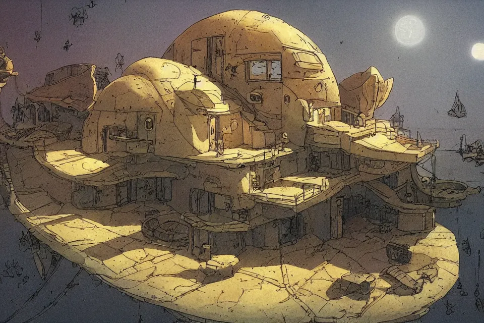 Image similar to sci-fi fi scene of a seashell house where the deserted kids live, in the style of john harris and roger deakins by moebius