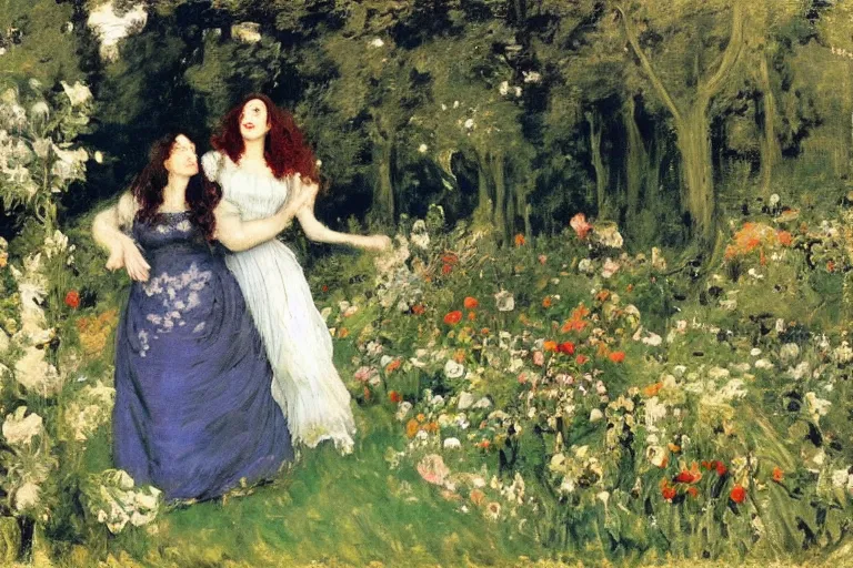 Prompt: hagrid and morticia addams frolicking in a field of various flowers, fairy garden, masterpiece, highly detailed, oil on canvas, art by walter sickert, john singer sargent, and william open