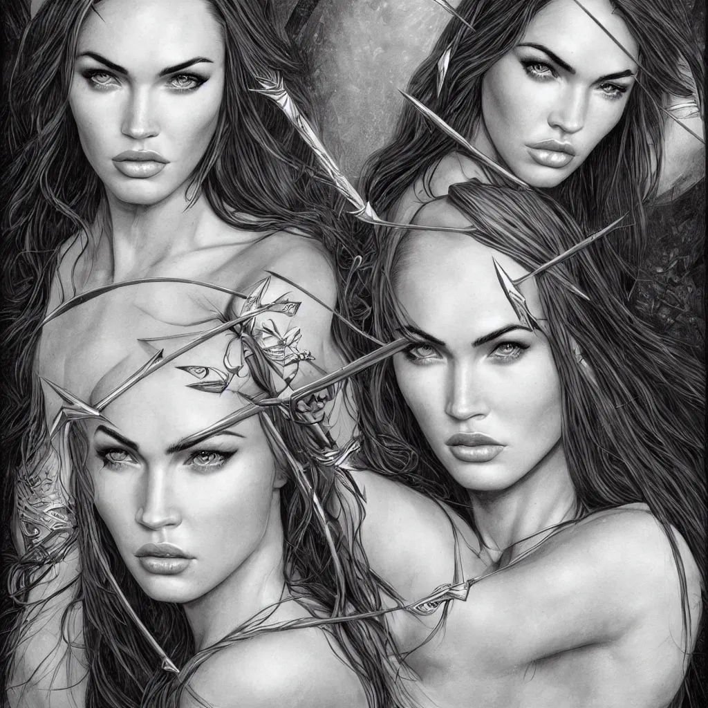 Image similar to portrait of beautiful megan fox as greek goddess aphrodite, archer, arrow on the head, beautiful piercing eyes, flowing blonde hair, realistic face, black and white drawing, in the style of greg rutkowski, fantasy, amazing detail, epic, intricate, elegant, smooth, sharp focus