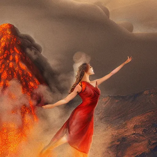 Prompt: a beautiful matte painting of a giant woman using an active volcano as a dress