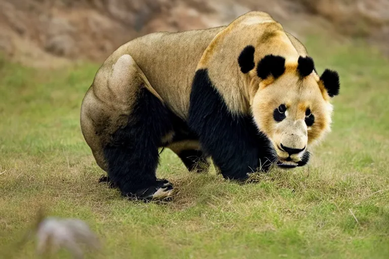 Prompt: a lion panda!!! hybrid! hyper realistic!! realistic lighting!! wildlife photographer of the year!!! bold natural colors, national geographic, hd, wide angle, 8 k