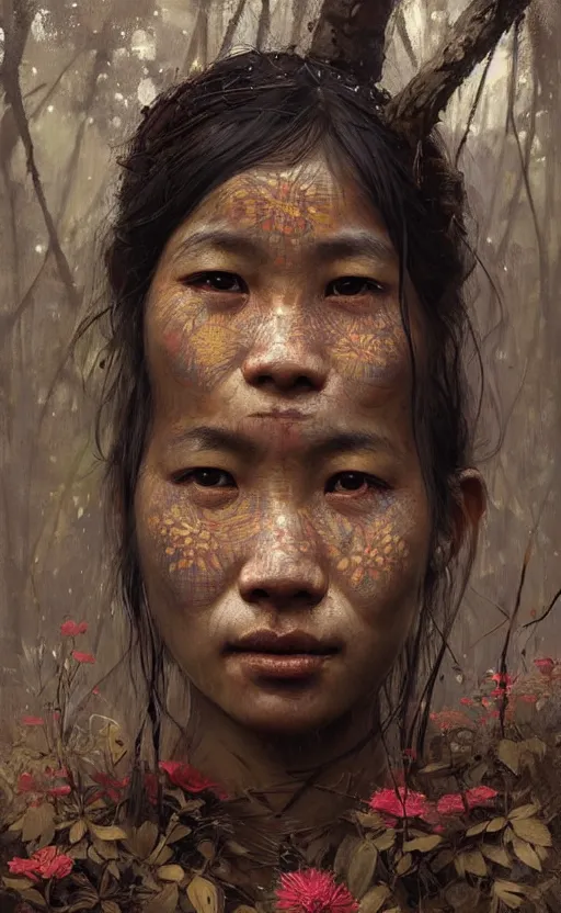 Image similar to detailed portrait of a tribal woman with asian eyes and thick lip forest girl, flowers and trees, by ismail inceoglu dragan bibin hans thoma greg rutkowski alexandros pyromallis nekro rene maritte illustrated, perfect face, fine details, realistic shaded, fine - face, pretty face