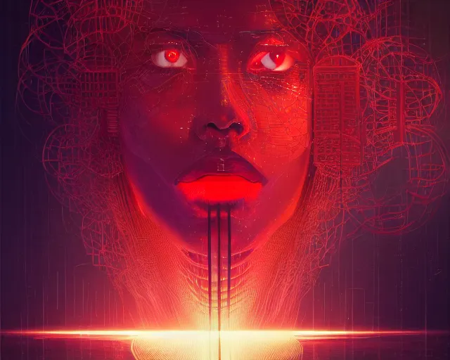 Image similar to portrait of wizard with halo of red cubes intricate abstract. intricate artwork, by tooth wu, wlop, beeple, dan mumford. concept art, octane render, trending on artstation, greg rutkowski very coherent symmetrical artwork. cinematic, key art, hyper realism, high detail, octane render, 8 k, iridescent accents