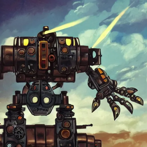 Prompt: a steampunk mech - suit designed to shoot down other mech - suits, anime, studio ghibli, steam, pipes, guns, copper, metal, slightly rusty, plain background, finely detailed, epic, intense, sparks, cinematic lighting,