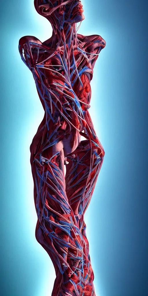 Image similar to poster design, full body anatomical model, 3 d photographic render of a deconstructed asymmetric human anatomical correct human body, in hoc signo vinces, waterfall, in the style of leonora carrington, gottfried helnwein, intricate composition, blue light by caravaggio, insanely quality, highly detailed, masterpiece, red light, artstation