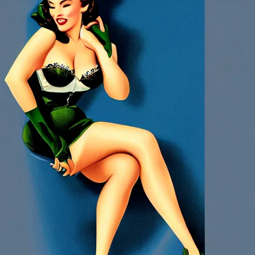 Image similar to a pinup illustration of megan fox in the style of gil elvgren and in the style of alberto vargas.