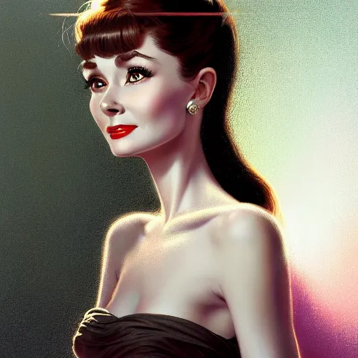 Image similar to Audrey Hepburn of NGE dark fantasy, medium shot, intricate, elegant, highly detailed, digital painting, volumetric light, artstation, concept art, smooth, sharp focus, illustration, art by Gil Elvgren and Greg Rutkowski and Alphonse Mucha, 8K