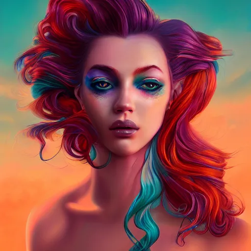 Prompt: a beautiful stunning interesting detailed fantasy whimsical matte digital portrait illustration of a mermaid with turqoise hair, yellow-orange and red-violet sunset, spectacular sunset, a painting by Ross Tran, trending on artstation hq, contest winner