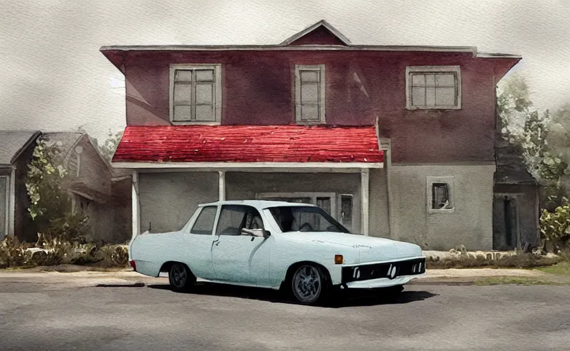 Image similar to a watercolor painting of a chevrolet opala parked near a 1 9 0 0 s house, digital painting, masterpiece, hyperrealistic, concept art, trending on deviantart, highly detailed, high quality, 4 k, symmetrical, low contrast, watercolor, warm, soft lighting, path traced, godrays, vintage, soft colors