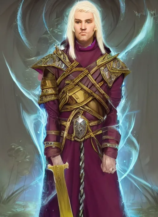 Image similar to male priest blonde parted hair healer, dndbeyond, bright, colourful, realistic, dnd character portrait, full body, pathfinder, pinterest, art by ralph horsley, dnd, rpg, lotr game design fanart by concept art, behance hd, artstation, deviantart, global illumination radiating a glowing aura global illumination ray tracing hdr render in unreal engine 5