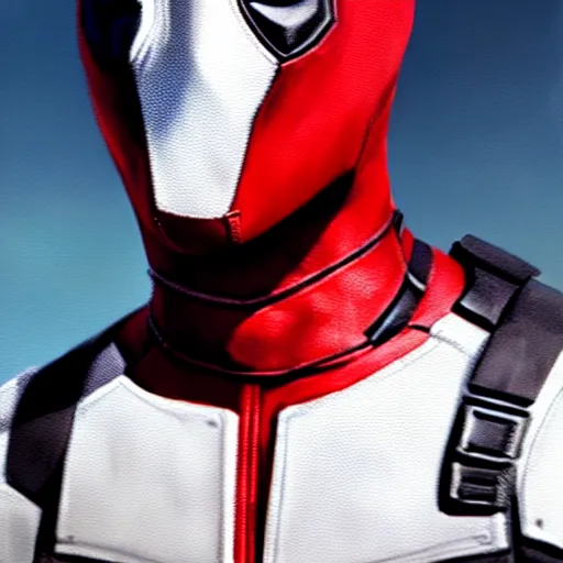 Image similar to deadpool character in white red!!!, concept!!!, hyperrealistic, highly detailed, cinematic, volumetric sunlight, beautiful, cgssociety, artstation, 8 k, oil painting by greg rutkowski, by artgerm, by wlop