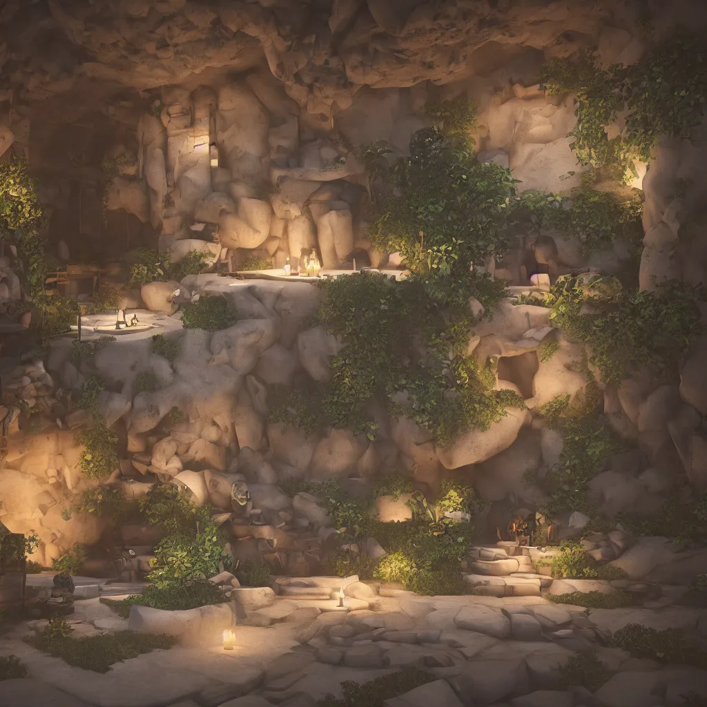 Image similar to secret overwatch common area carved inside a cave, multiple bedrooms, sheltered, magical, natural light, planters, central tree, candle light, cinematic lighting, clean lines, cozy, fantasy, minimalist architecture, sharp focus, concept art, octane render 8 k