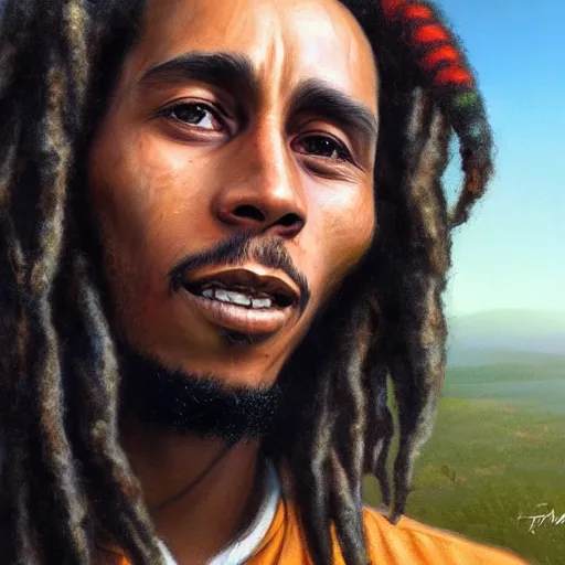 Prompt: closeup portrait of a young bob marley, serene light, gorgeous view, depth, high detail, digital art, painted by greg rutkowski and seb mckinnon, by tim burton, trending on artstation