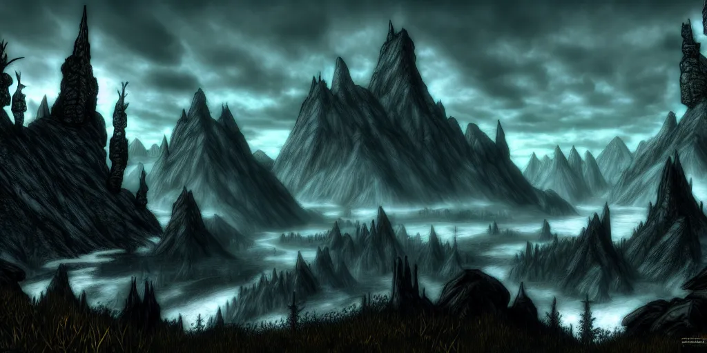 Prompt: a fantasy landscape of skyrim in the style of philipp urlich