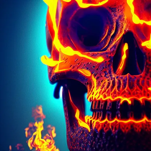 Image similar to a highly detailed human skull covered with intricate designs with fire for eyes on fire in front of a neon blue background, 3 d, depth of field, colorful, octane render, symmetrical, hyper realism, highly detailed, digital art, artstation, concept art, cinematic lighting, trending