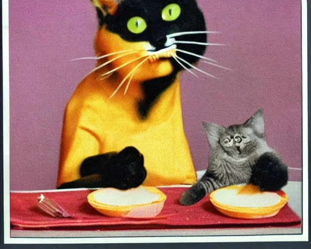 Image similar to 1970's cookbook color photograph of cat made from cheese sharp detail high detail