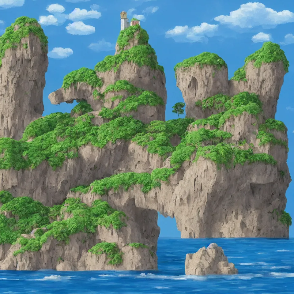 Image similar to an island floating in the air, the island is rocky and bare with some vegetation, waterfalls left from the island flowing into the sea, highly detailed, animated, lovely, dreamy, morandi colour scheme, strong light and shadow atmosphere, painted by Ghibli