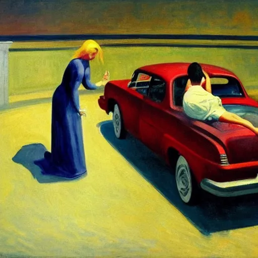 Prompt: an angel fixing their broken down car in hell, painted by edward hopper,