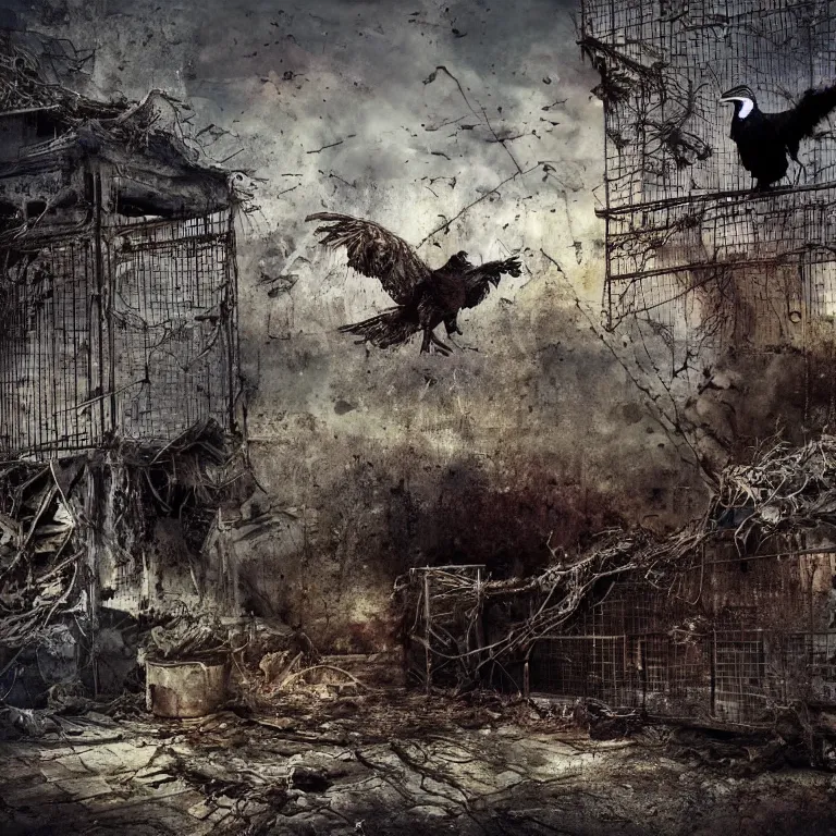 Image similar to black raven locked inside cage, extreme details, hopeless, postapocalyptic picture, very emotional, ruins around the cage, nuclear explosion, erik johansson style, conceptual art, the last day on the earth, insane detail, blood, saturated, hyper realistic 8 k textured