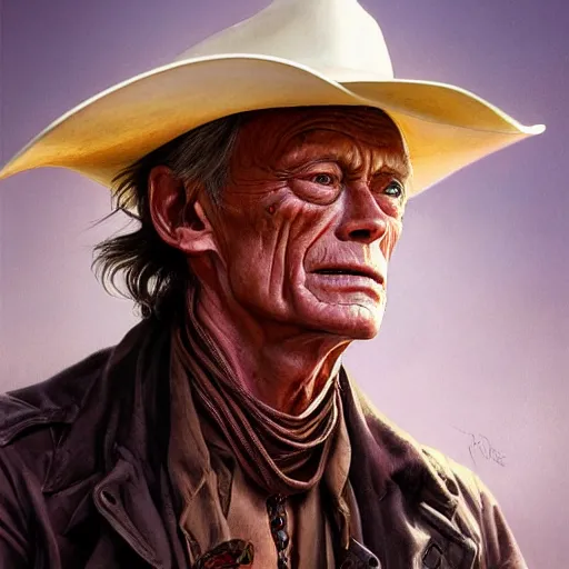 Image similar to a man, lance henriksen, cowboy hat, portrait, wild west, fantasy, highly detailed, digital painting, artstation, concept art, sharp focus, illustration, art by artgerm and greg rutkowski and alphonse mucha