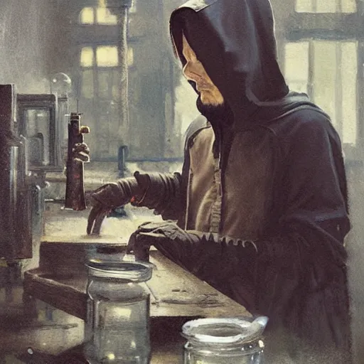 Image similar to alchemist wearing a hood working in laboratory, oil painting, by Greg Rutkowski