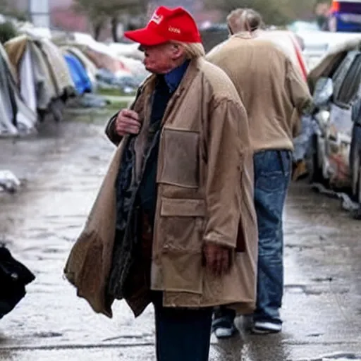 Image similar to donald trump dressed as a homeless man living in the slums