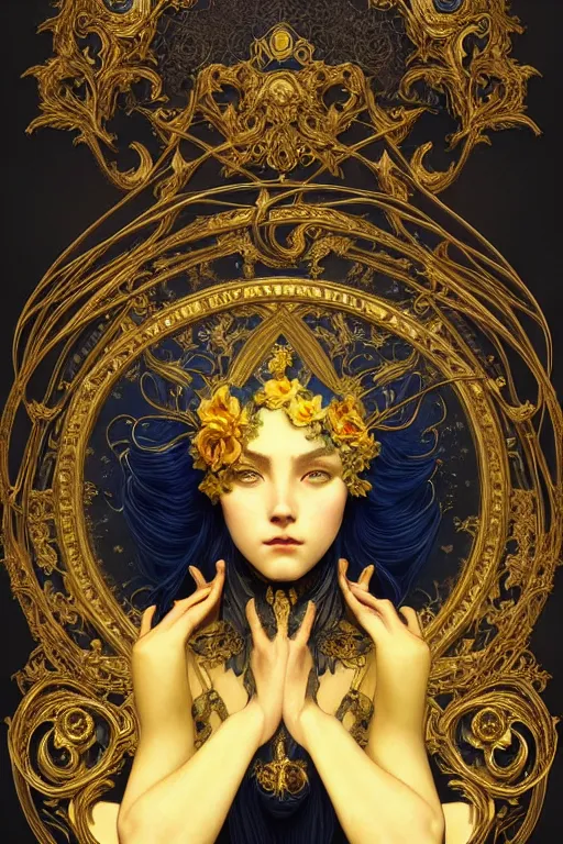 Image similar to beautiful black blue yellow, complicated gold the baroque style decoration, dark fantasy, intricate, elegant, highly detailed, digital painting, artstation, concept art, matte, 3 d 8 k octane rendered, sharp focus, illustration, octane rendered, art by artgerm and alphonse mucha, leesha hannigan