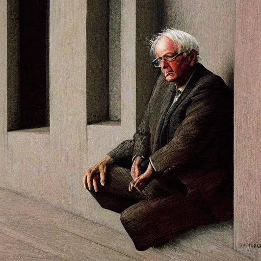 Prompt: a coherent award - winning beautiful!!! portrait of a calm bernie sanders, sitting on temple stairs, painted by zdzislaw beksinski