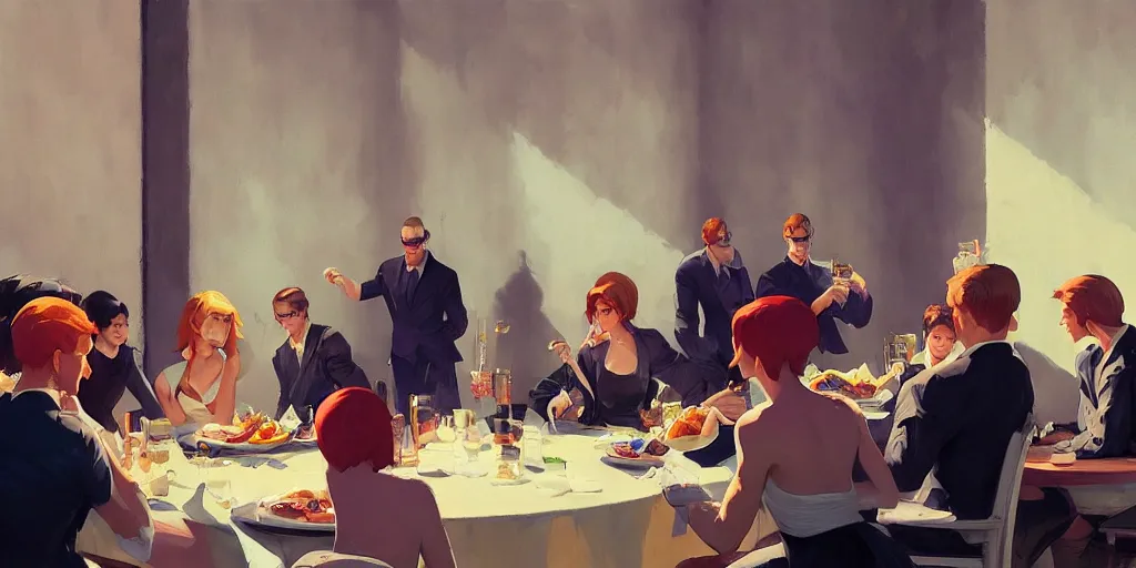 Image similar to one group of people are eating fancy looking at another group of people fighting by Craig Mullins, ilya kuvshinov, krenz cushart, artgerm trending on artstation by Edward Hopper and Dan Mumford and WLOP and Rutkovsky, Unreal Engine 5, Lumen, Nanite