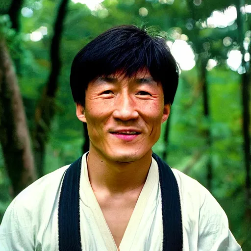 Prompt: a ultra high resolution close - up of asian man from tai tribe in lush green forest. 1 8 years old. jackie chan. photo from the front. cute and beautiful and handsome man is smiling and has eye contact with the camera. face is clear and symetrical. the light is dim, and the colours are muted. kodak etkar 1 0 0.