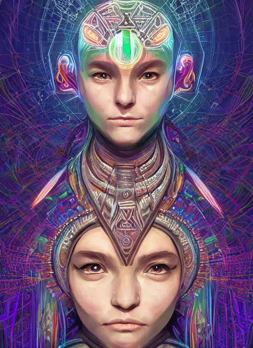 Image similar to portrait of a future metaverse ayahuasca tech shaman warrior, 2 d cartoon, visionary art, symmetric, magick symbols, holy halo, shipibo patterns, sci - fi, concept art, trending on art station, 8 k digital art, by mandy jurgens, fantasy portrait art, anime