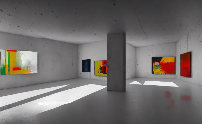 Image similar to painting of interior shot of a white concerete brutalist contemporary art museum with abstract colourful paintings hanging on the wall by darek zabrocki and greg ruthkowski, cinematic and cold atmospheric, archillect concept art, artstation, trending on artstation