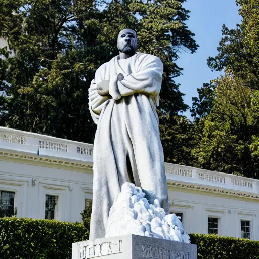 Image similar to a granite statue of kanye west, infront of the white house, photograph