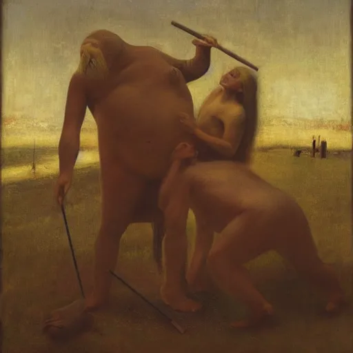 Image similar to the dream of the walrus and the human in oslo, by odd nerdrum, oil on canvas, 1 9 8 3, high resolution