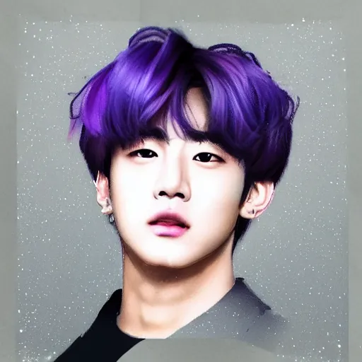 Prompt: Taehyung from BTS in the rain with purple hair, highly detailed, photorealistic